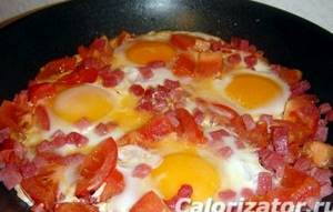 Рецепт яичница с колбасой и помидорами